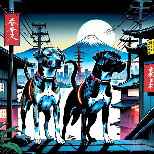 Prompt: black mountain cur dogs in cyberpunk hiroshige