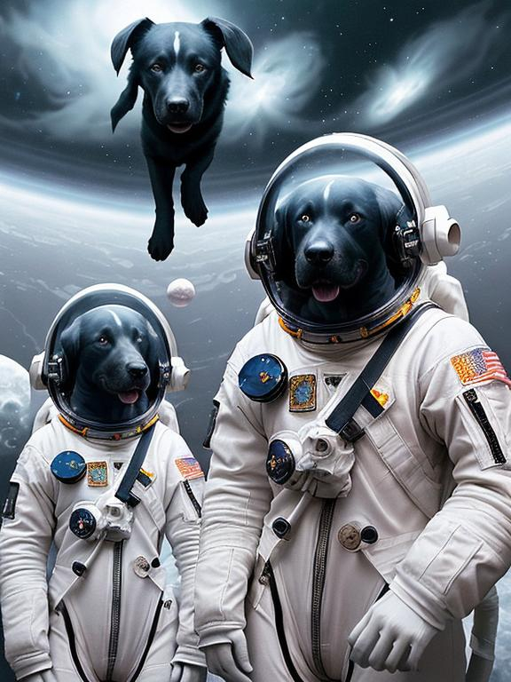 Prompt: Surrealism black dogs in astronaut outfits in space, abstract art style, eerie atmosphere, floating celestial bodies, mysterious nebulae, dreamlike, surreal, high contrast, otherworldly, abstract, space, astronaut, eerie atmosphere, celestial bodies, dreamlike, surreal, high contrast, mysterious, nebulae, dogs