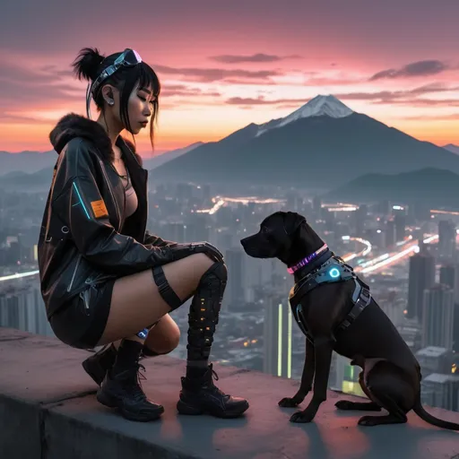 Prompt: sunset cyberpunk with mountain cur black dog and asian girl
