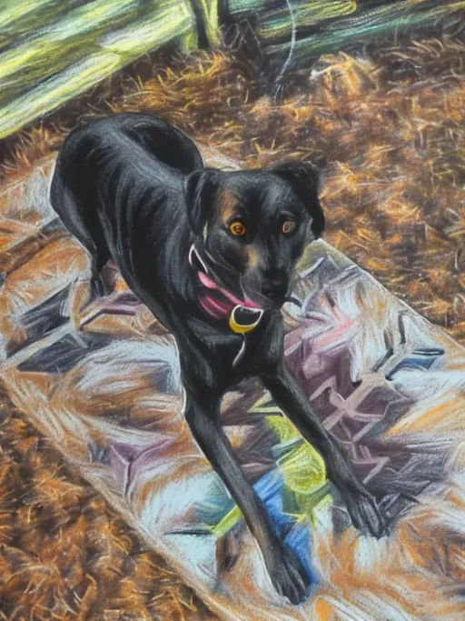 Prompt: chalk pastel art, black mountain cur dog