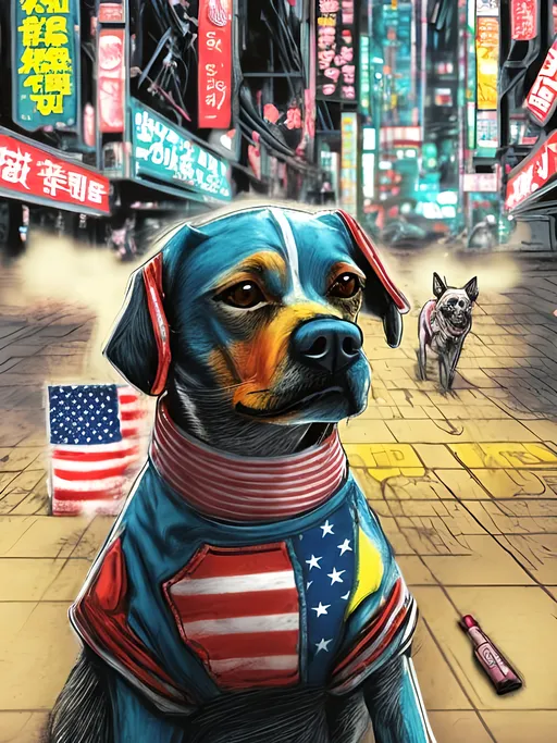 Prompt: pop art chalk pastel art of detailed dog wearing USA clothes playing in the streets in cyberpunk japan during a festival, sketch, detailed background, highres, fun atmosphere, natural lighting,  abstract, fun