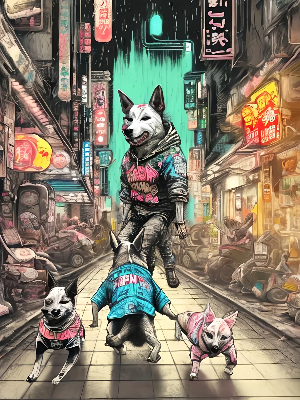 Prompt: pop art chalk pastel art of detailed dogs wearing gangster clothes playing in the streets in cyberpunk japan during a festival, sketch, detailed background, highres, fun atmosphere, natural lighting,  abstract, fun
