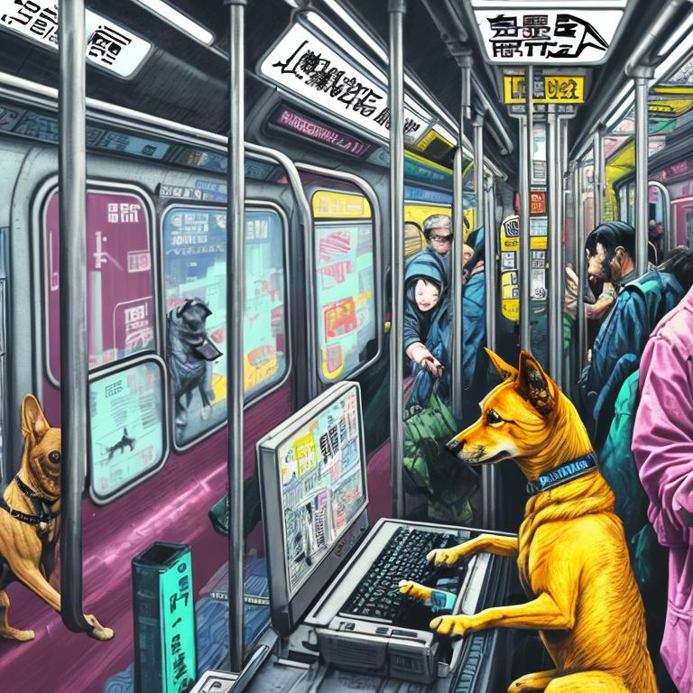 Prompt: pop art chalk pastel art of a detailed dog hacking a computer on the subway train in cyberpunk japan with planes in the background, sketch, detailed background, highres, fun atmosphere, natural lighting,  abstract, fun