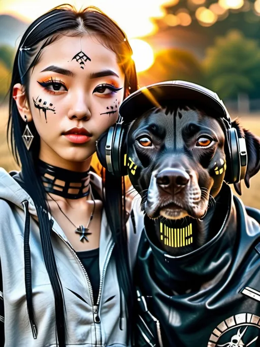 Prompt: all black mountain cur dog cyber punk ninja with half korean half redneck girl in sun set