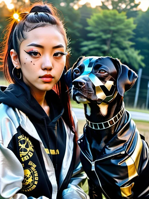 Prompt: all black mountain cur dog cyber punk ninja with half korean half redneck girl in sun set