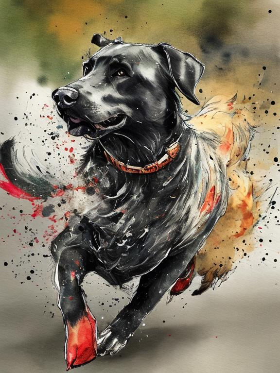 Prompt: a black dog wearing clothes chasing a chicken in the streets, same style as image, water color, sketch, detailed, highres
