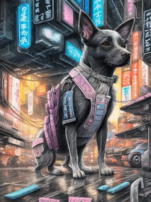 Prompt: chalk pastel art of a detailed dog on the streets in cyberpunk japan during a festival with planes in the background, sketch, detailed background, highres, fun atmosphere, natural lighting,  abstract, fun
