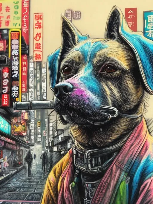 Prompt: pop art chalk pastel art of detailed dog smoking in the streets in cyberpunk japan during a festival, sketch, detailed background, highres, fun atmosphere, natural lighting,  abstract, fun