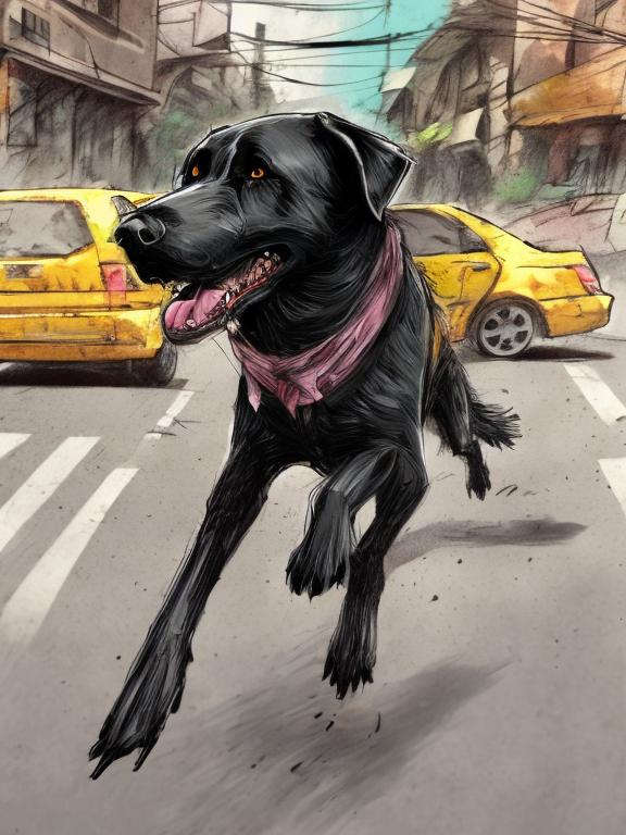 Prompt: a black dog wearing clothes chasing a chicken in the streets, sketch, detailed background, highres, fun atmosphere, natural lighting, pastel colors, abstract, fun