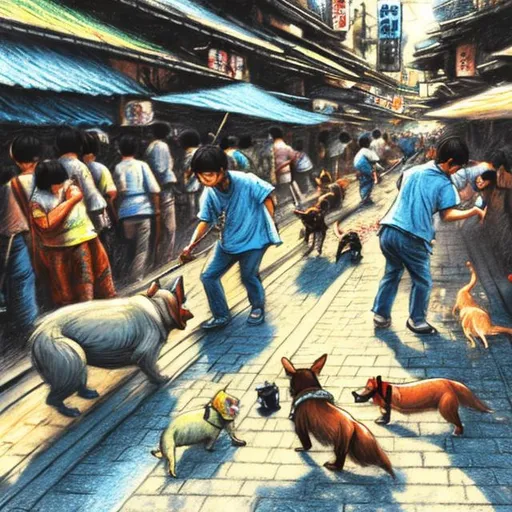 Prompt: etchy chalk pastel art of dogs playing in the streets in japan during a festival, sketch, detailed background, highres, fun atmosphere, natural lighting, pastel colors, abstract, fun