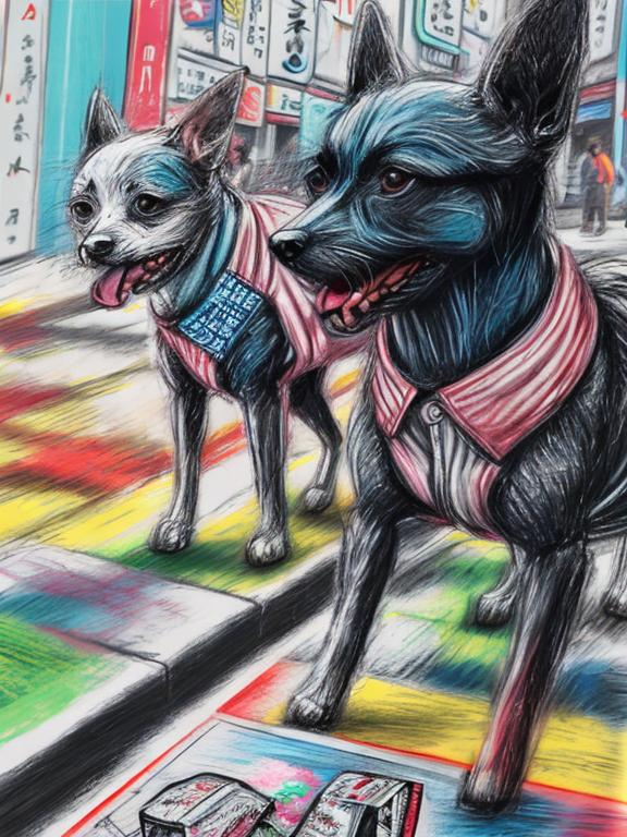 Prompt: pop art chalk pastel art of detailed dogs wearing clothes playing in the streets in japan during a festival, sketch, detailed background, highres, fun atmosphere, natural lighting,  abstract, fun