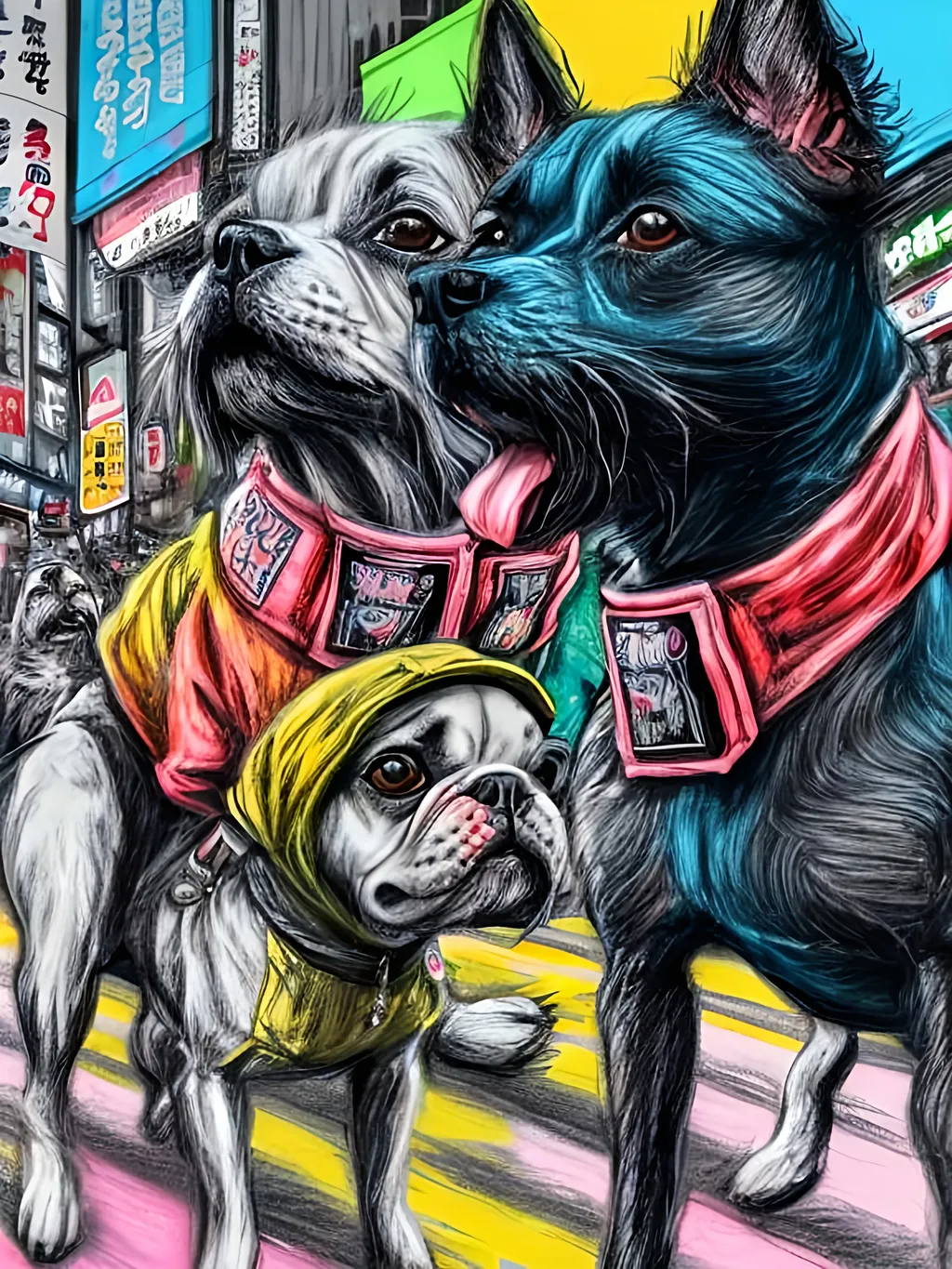 Prompt: pop art chalk pastel art of detailed dogs wearing gangster clothes playing in the streets in japan during a festival, sketch, detailed background, highres, fun atmosphere, natural lighting,  abstract, fun