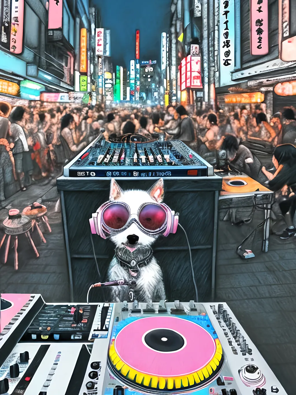 Prompt: chalk pastel art of detailed dog DJing in the streets in Japan during a festival, sketch, detailed background, highres, fun atmosphere, natural lighting,  abstract, fun