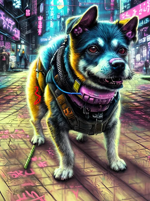 Prompt: Detailed chalk pastel of a dog punk, cyberpunk, highres, natural lighting, dog, cyberpunk japanese city streets, detailed background, happy, fun, detailed fur, chalk pastel, urban setting, futuristic, Japanese, light-hearted, atmospheric lighting, detailed eyes, street art, cyberpunk japan, professional