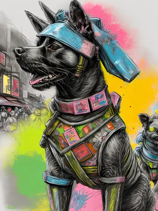 Prompt: pop art chalk pastel art of detailed dogs wearing ninja clothes playing in the streets in cyberpunk japan during a festival, sketch, detailed background, highres, fun atmosphere, natural lighting,  abstract, fun