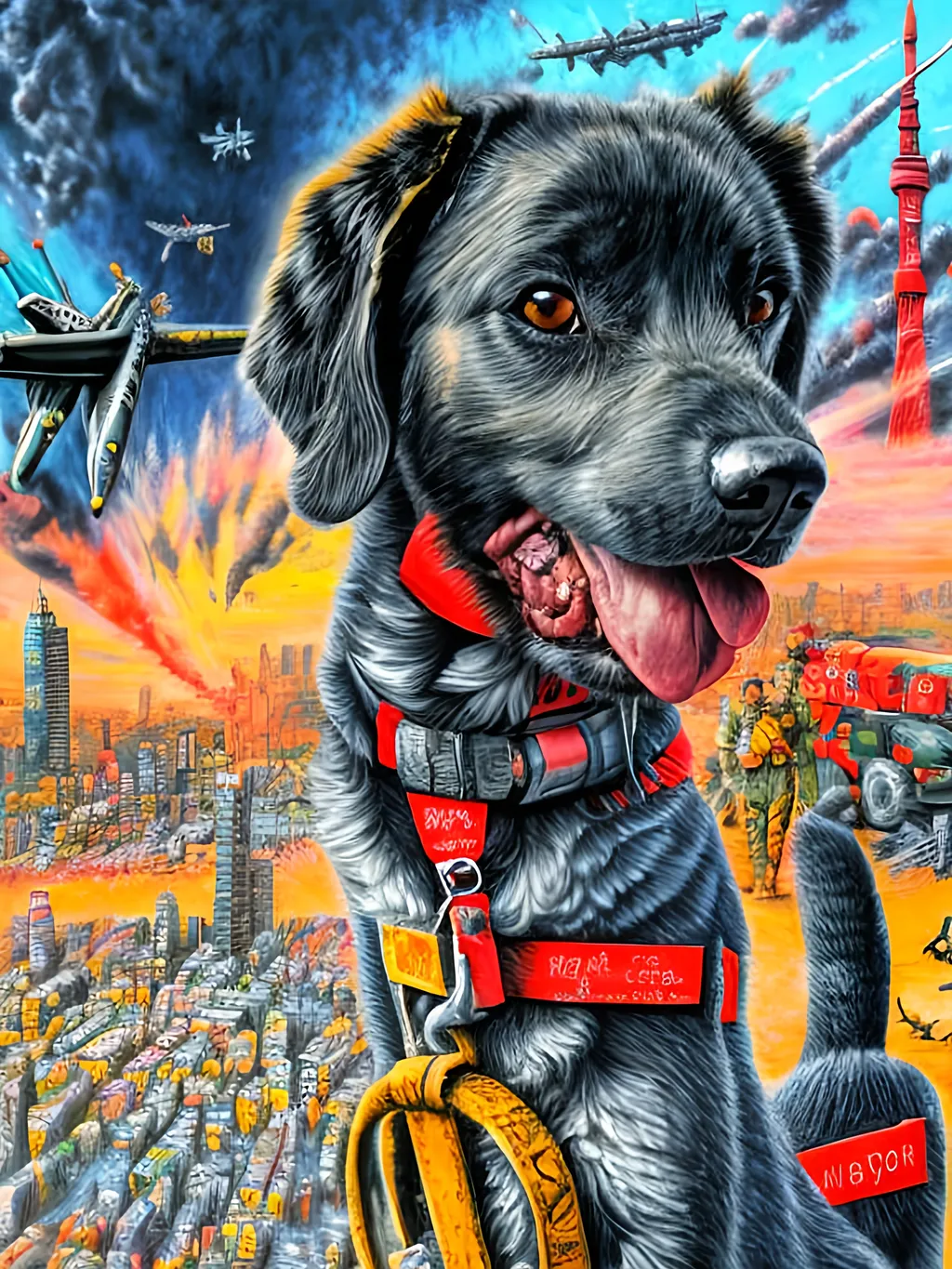 Prompt: Detailed chalk pastel pop art of a dogs in soldier uniforms, detailed background of tokyo japan with airplanes, highres, natural lighting, happy, fun, lively atmosphere, punk