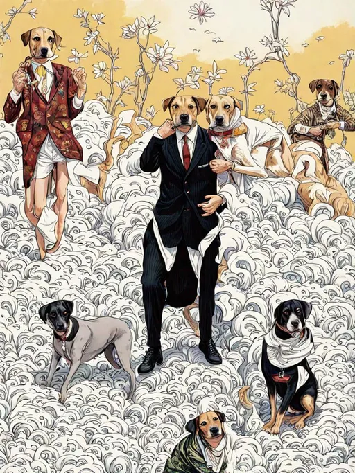 Prompt: black mountain cur dogs in yakuza outfit 90s poster