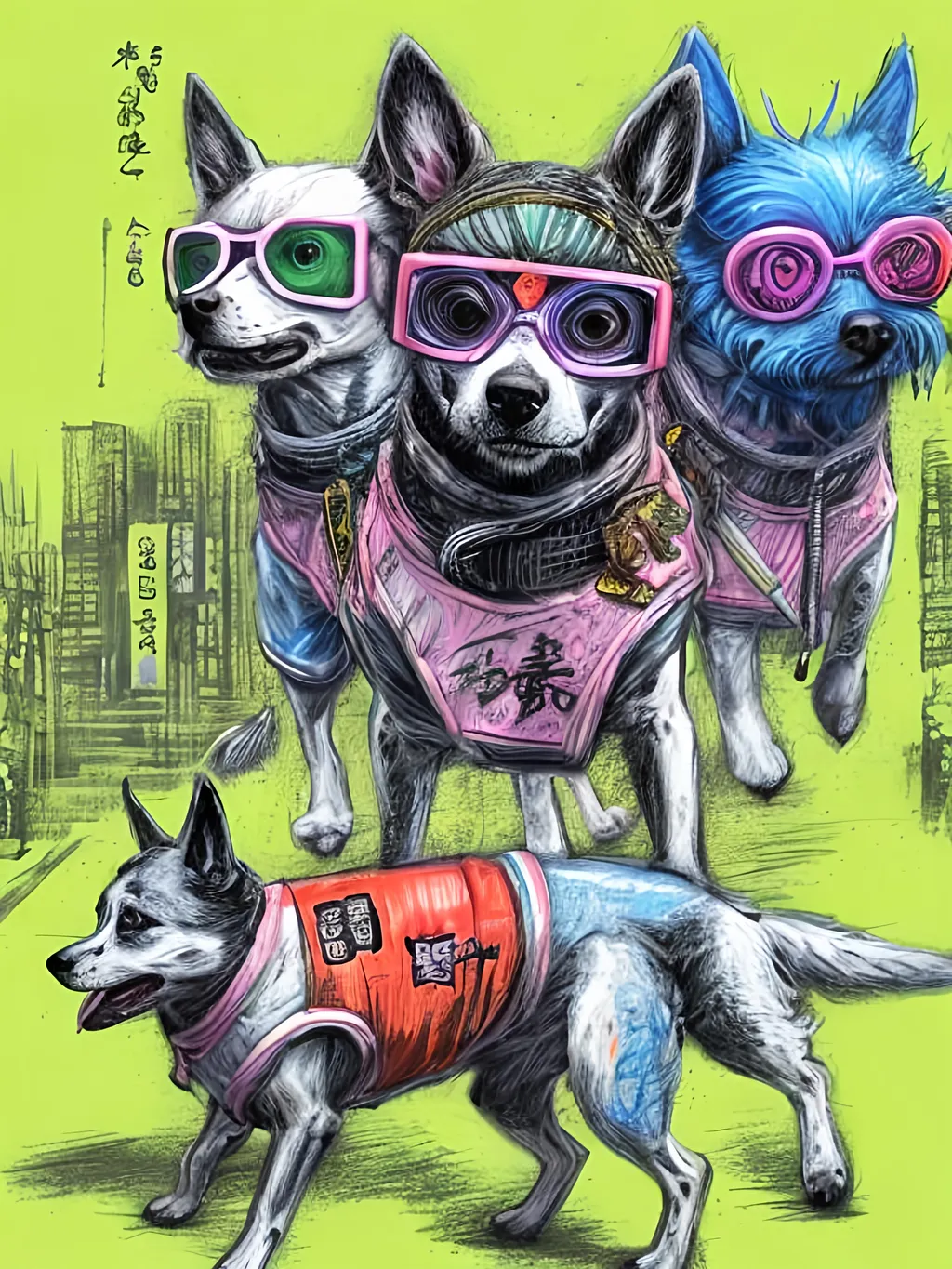 Prompt: pop art chalk pastel art of detailed dogs wearing ninja clothes playing in the streets in cyberpunk japan during a festival, sketch, detailed background, highres, fun atmosphere, natural lighting,  abstract, fun