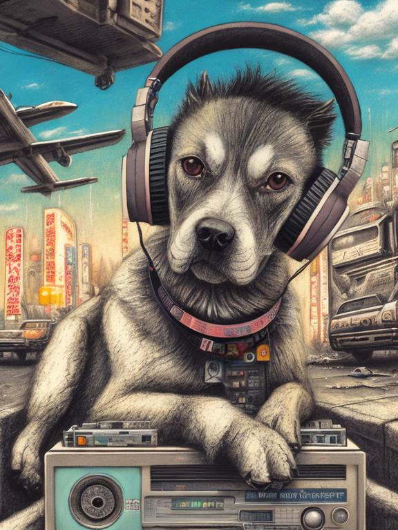 Prompt: chalk pastel art of a detailed dog listening to music on a tape player on the streets in post-apocalyptic Japan during a festival with planes in the background, sketch, detailed background, highres, fun atmosphere, natural lighting,  abstract, fun