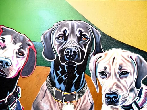 Prompt: mountain cur black dogs in gangster rappers clothing graffiti