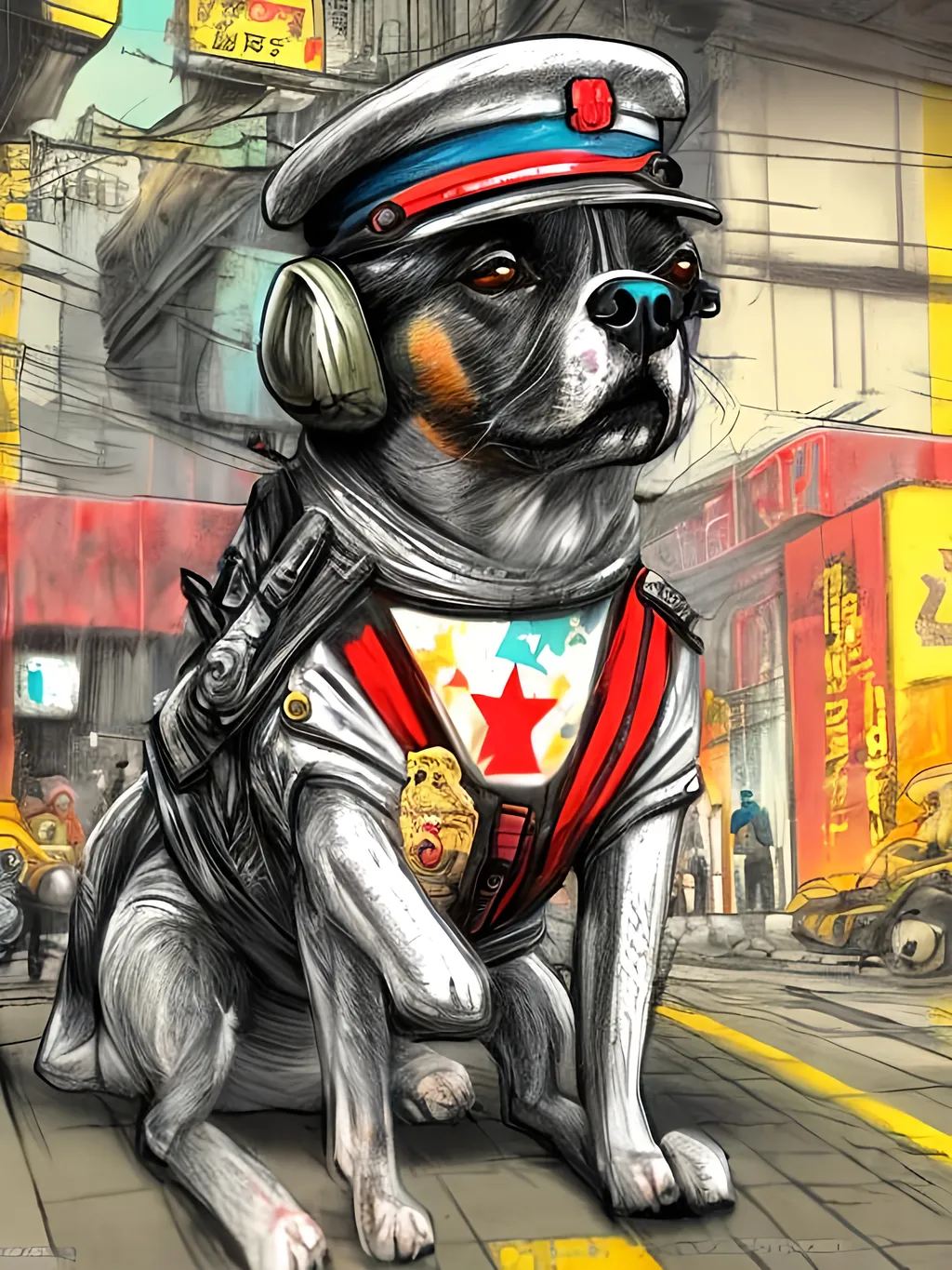 Prompt: pop art chalk pastel art of detailed dog wearing military uniforms<mymodel> playing in the streets in cyberpunk japan during a festival, sketch, detailed background, highres, fun atmosphere, natural lighting,  abstract, fun