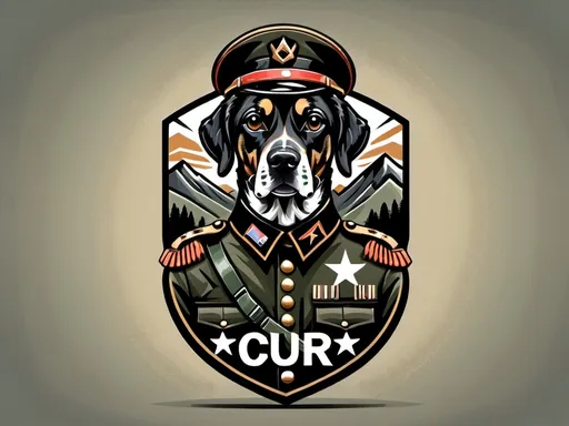 Prompt: Mountain cur black dog in soldier clothing abstract art style