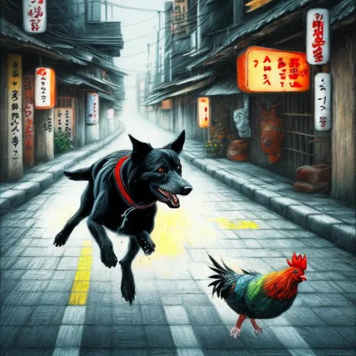 Prompt: chalk pastel art of a black dog wearing clothes chasing a chicken in the streets in japan, sketch, detailed background, highres, fun atmosphere, natural lighting, pastel colors, abstract, fun