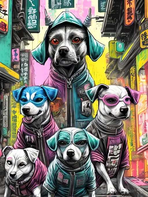 Prompt: pop art chalk pastel art of detailed dogs wearing gangster clothes playing in the streets in cyberpunk japan during a festival, sketch, detailed background, highres, fun atmosphere, natural lighting,  abstract, fun