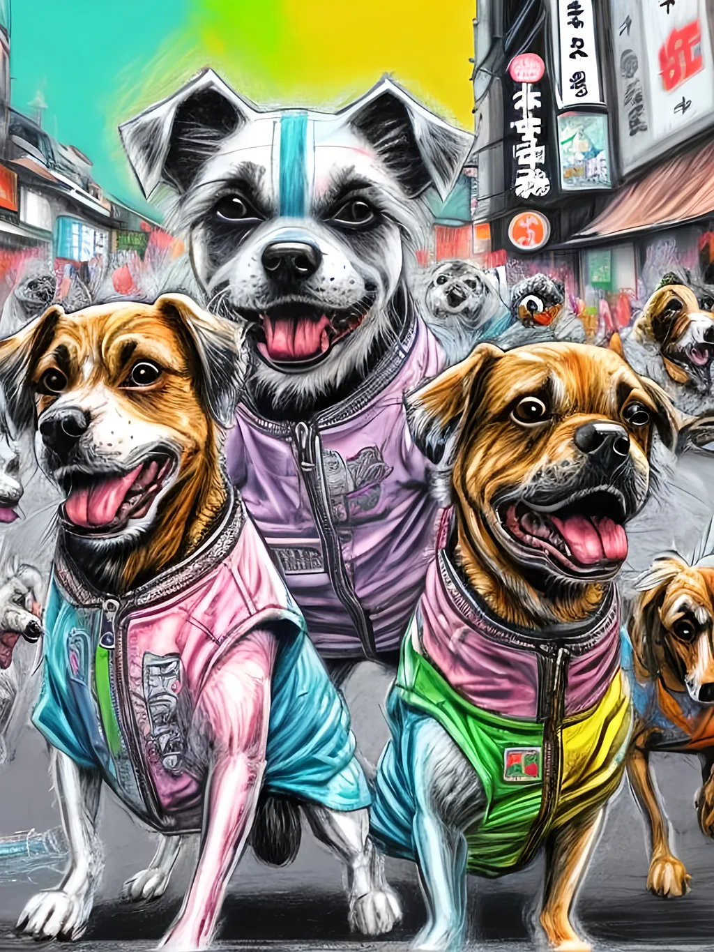 Prompt: pop art chalk pastel art of detailed dogs wearing gangster clothes playing in the streets in japan during a festival, sketch, detailed background, highres, fun atmosphere, natural lighting,  abstract, fun