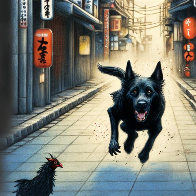 Prompt: chalk pastel art of a black dog wearing  clothes chasing a chicken in the streets in japan, sketch, detailed background, highres, fun atmosphere, natural lighting, pastel colors, abstract, fun