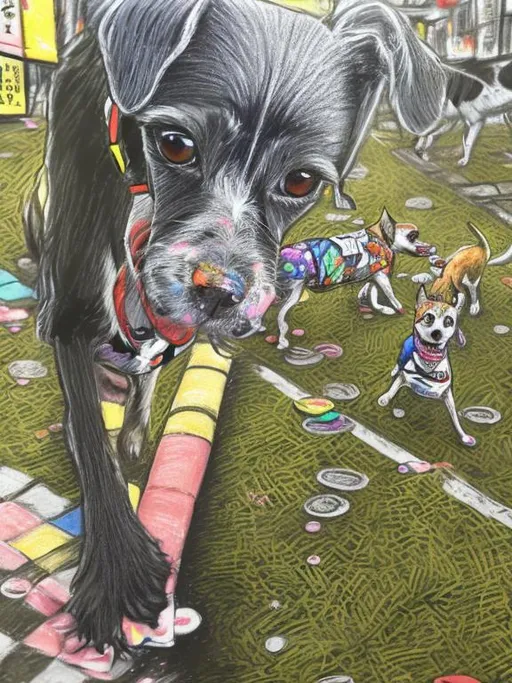 Prompt: pop art chalk pastel art of detailed dogs wearing clothes playing in the streets in japan during a festival, sketch, detailed background, highres, fun atmosphere, natural lighting,  abstract, fun