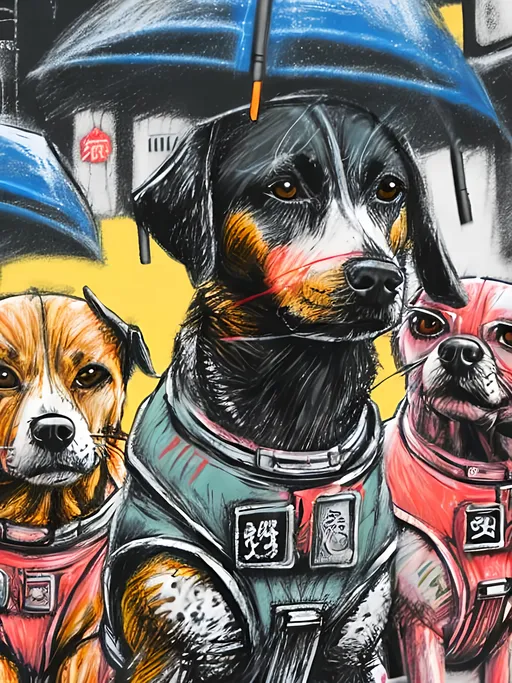 Prompt: pop art chalk pastel art of detailed dogs wearing pilot uniforms playing in the streets in japan during a festival, sketch, detailed background, highres, fun atmosphere, natural lighting,  abstract, fun