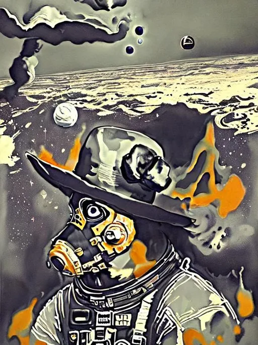 Prompt: Surrealism black dogs in cowboy outfits in space, abstract art style, cowboy hat, fun atmosphere, floating celestial bodies, mysterious nebulae, dreamlike, surreal, high contrast, otherworldly, abstract, space, astronaut, fun atmosphere, celestial bodies, dreamlike, surreal, high contrast, mysterious, nebulae, dogs, Pro trump clothing