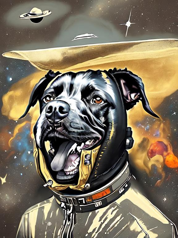 Prompt: Surrealism black dogs in cowboy outfits in space, abstract art style, cowboy hat, fun atmosphere, floating celestial bodies, mysterious nebulae, dreamlike, surreal, high contrast, otherworldly, abstract, space, astronaut, fun atmosphere, celestial bodies, dreamlike, surreal, high contrast, mysterious, nebulae, dogs, Pro trump clothing