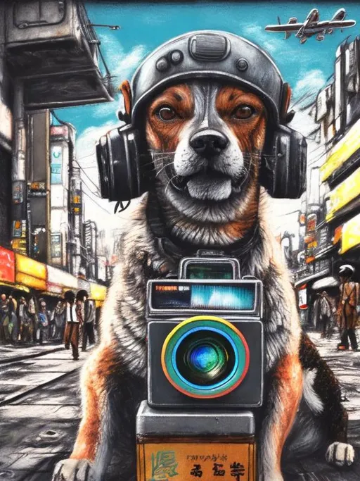 Prompt: chalk pastel art of a detailed dog with a polaroid camera on the streets in post-apocalyptic Japan during a festival with planes in the background, sketch, detailed background, highres, fun atmosphere, natural lighting,  abstract, fun