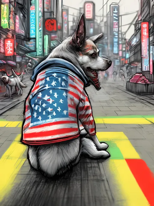 Prompt: pop art chalk pastel art of detailed dog wearing USA clothes playing in the streets in cyberpunk japan during a festival, sketch, detailed background, highres, fun atmosphere, natural lighting,  abstract, fun