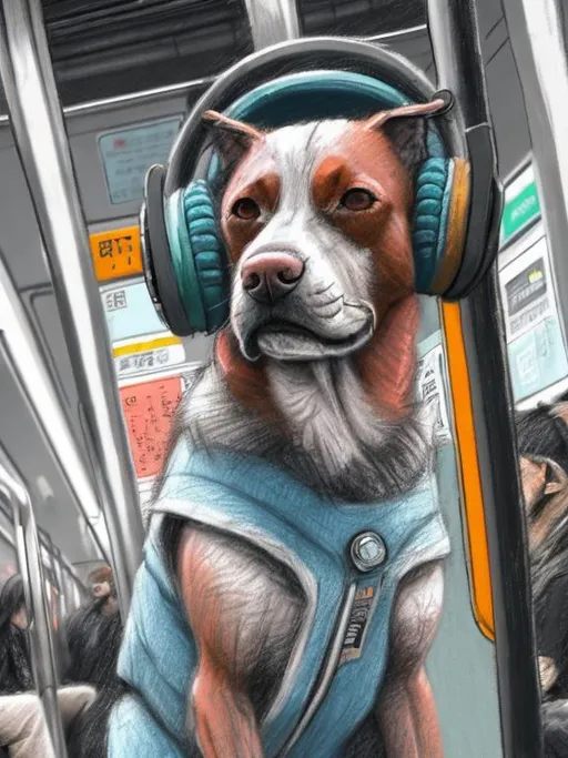 Prompt: chalk pastel art of a detailed dog listening to music on the subway train in cyberpunk japan, sketch, detailed background, highres, fun atmosphere, natural lighting,  abstract, fun