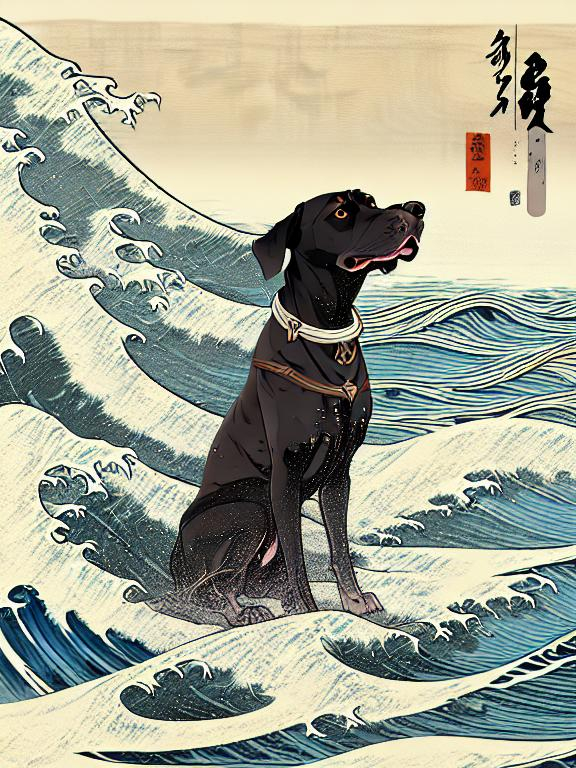 Prompt: black mountain cur dogs surfing in hiroshige wave 