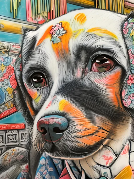 Prompt: pop art chalk pastel style of a  detailed dog in a kimono at a shrine, sketch, detailed background, highres, fun atmosphere, natural lighting,  abstract, fun