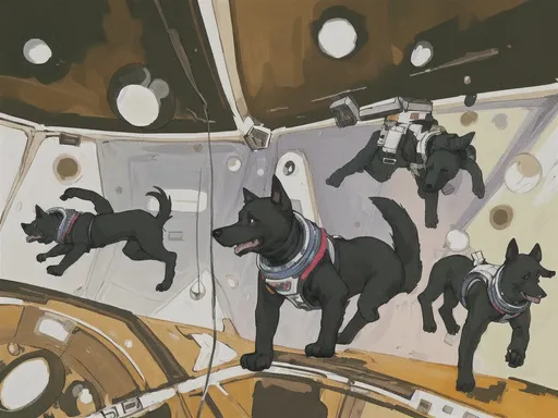 Prompt: abstract art, black dogs, in space, in astronaut outfit