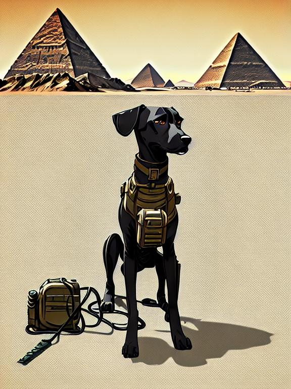 Prompt: black mountain cur dog in military gear in egypt 70s poster