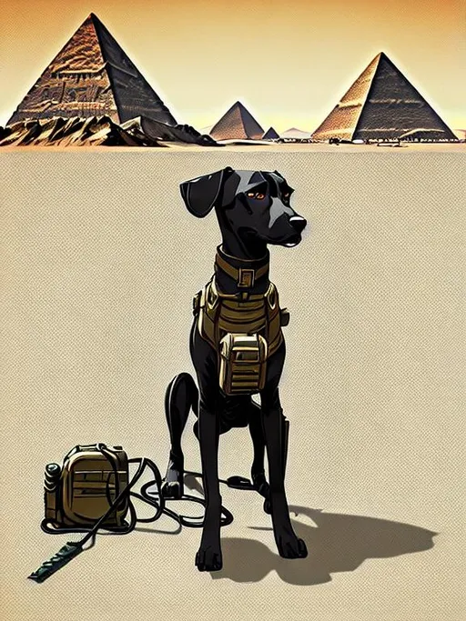 Prompt: black mountain cur dog in military gear in egypt 70s poster