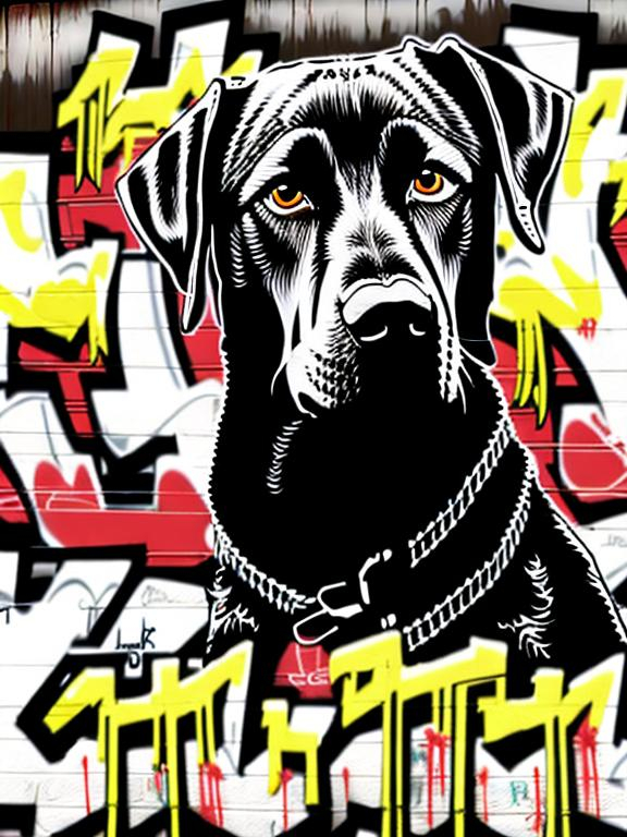 Prompt: Mountain cur black dog in redneck clothing graffiti art style