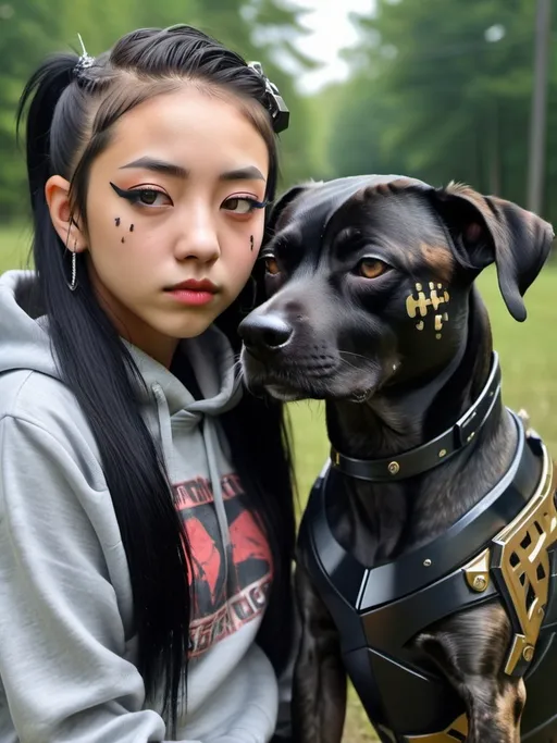 Prompt: mountain cur black dog cyber punk ninja with half korean half redneck girl