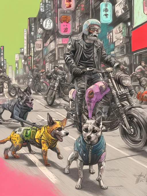 Prompt: pop art chalk pastel art of detailed dogs wearing biker gang clothes playing in the streets in cyberpunk japan during a festival, sketch, detailed background, highres, fun atmosphere, natural lighting,  abstract, fun