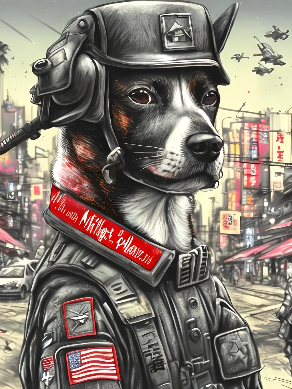 Prompt: pop art chalk pastel art of detailed dog wearing military uniforms<mymodel> playing in the streets in cyberpunk japan during a festival, sketch, detailed background, highres, fun atmosphere, natural lighting,  abstract, fun