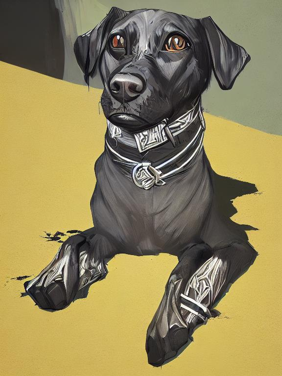 Prompt: mountain cur black dog in clothes gangster abstract art