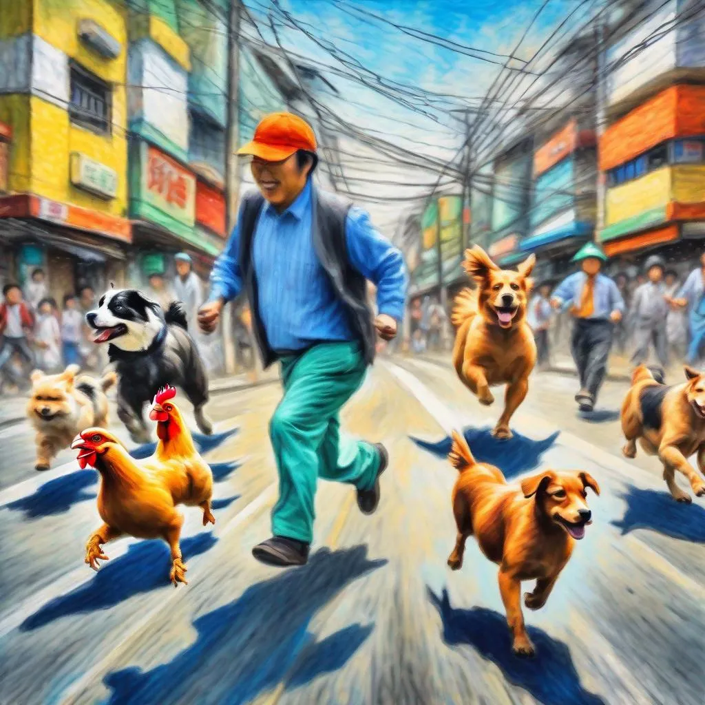 Prompt: chalk pastel art of dogs wearing clothes chasing a chicken in the streets in japan, sketch, detailed background, highres, fun atmosphere, natural lighting, pastel colors, abstract, fun