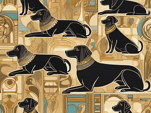 Prompt: Art Nouveau style black dogs in egyptian clothing