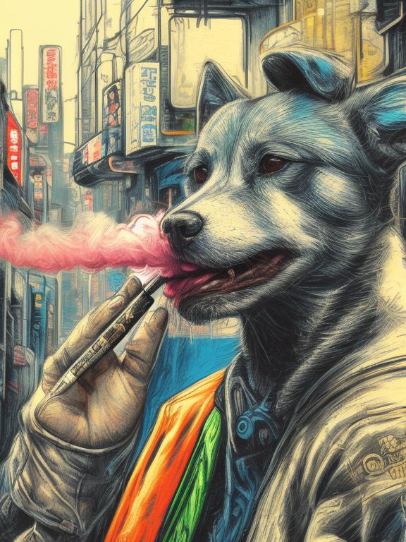 Prompt: pop art chalk pastel art of detailed dog smoking in the streets in cyberpunk japan during a festival, sketch, detailed background, highres, fun atmosphere, natural lighting,  abstract, fun